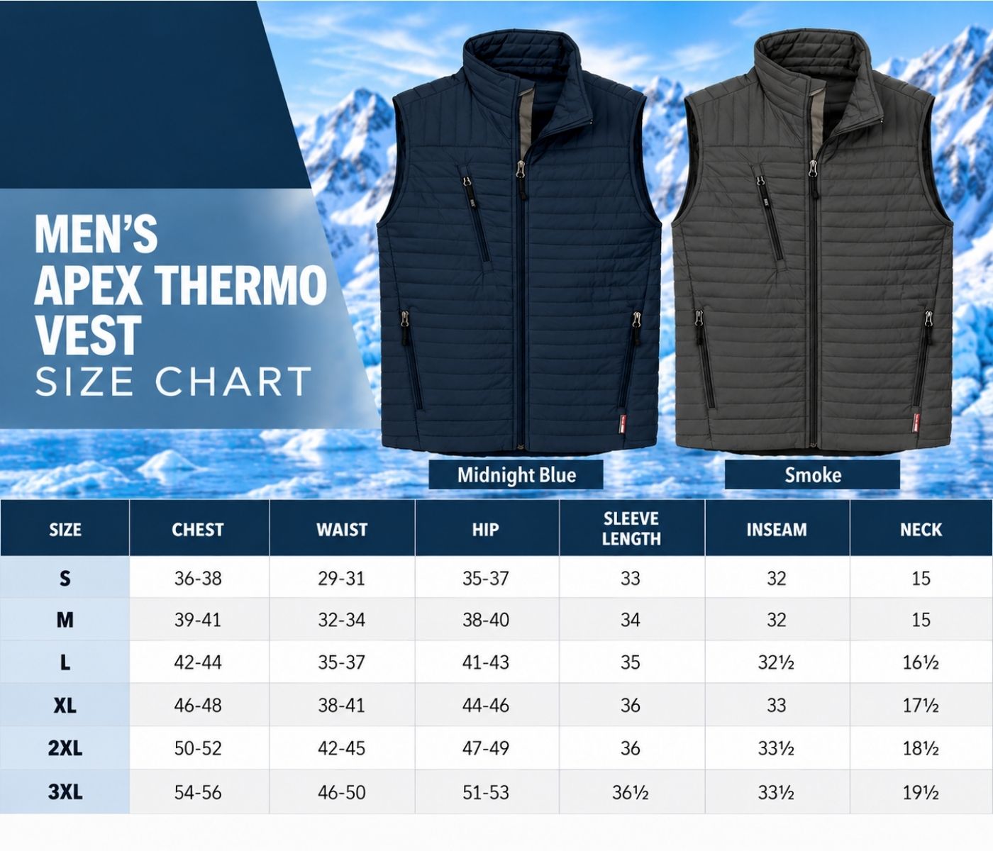Apex Thermo Vest Size Chart